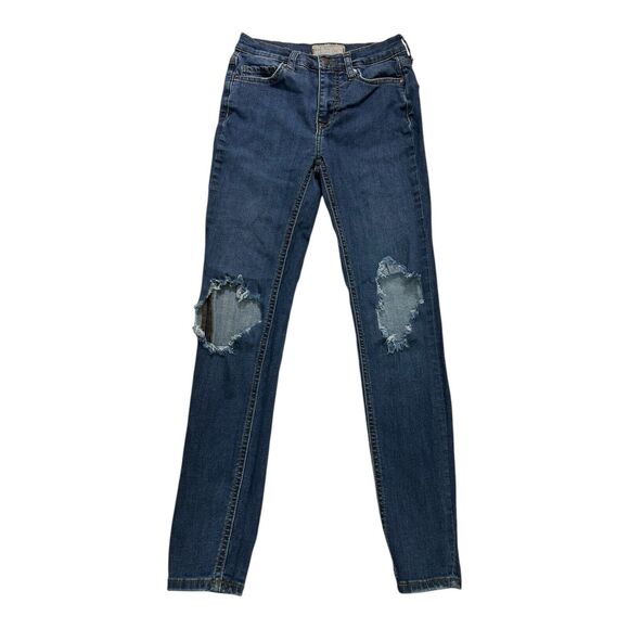 Free People FP Size 26R Distressed Skinny Medium Wash Cropped Denim Jeans Ankle - Picture 1 of 8